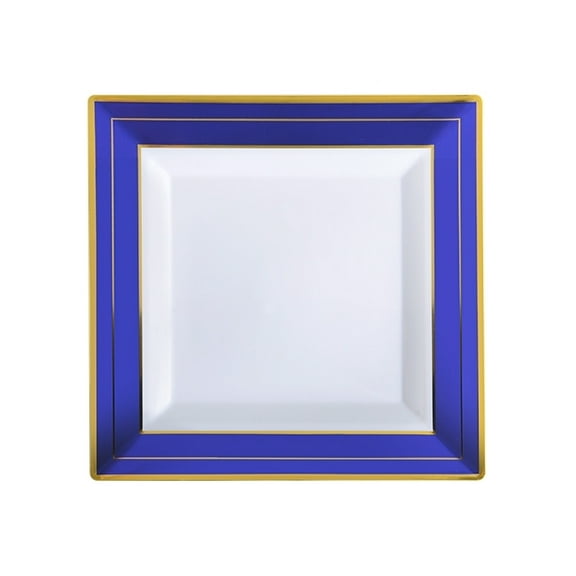 Party Source Blue Splendor 7.5" Square White w/ Blue and Gold Band Plastic Plates Case of 120