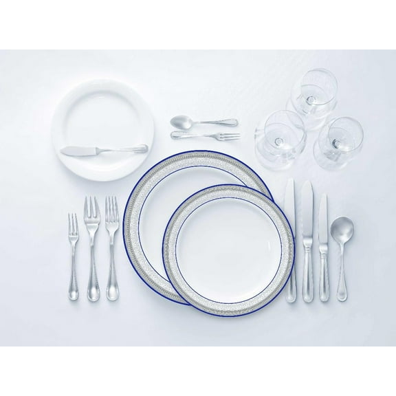 Party Source Laurel Collection Tableware Set of 32 White Bowls w/ Blue and Silver Border