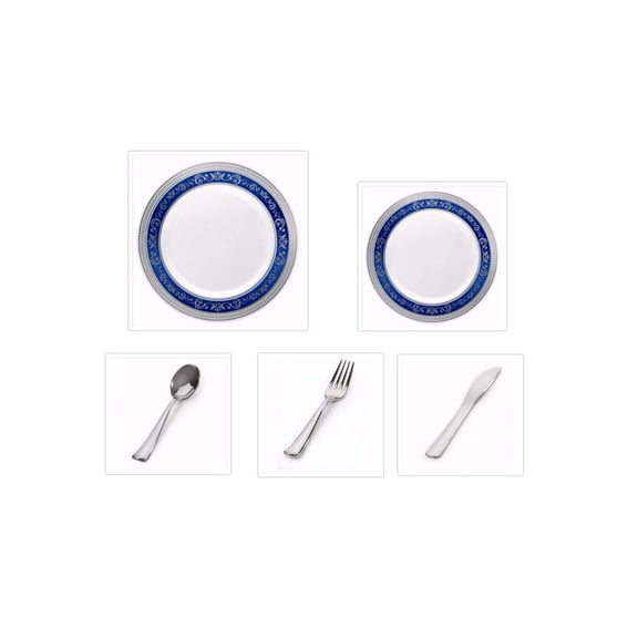 Party Source Plastic White/blue and Silver Royal Border Dinner Plate 10.25" Salad 7.25" Cutlery 60