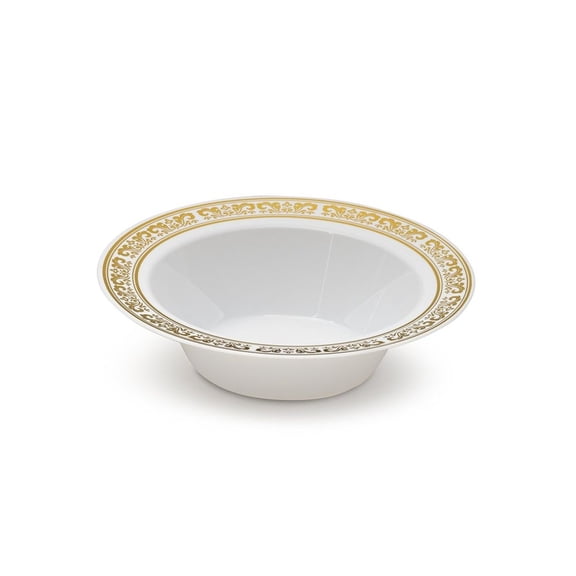 Party Source Serviette Collection Plastic Combo White Bowls W/elegant Gold Border Soup