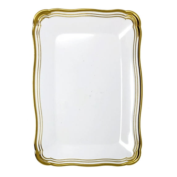 Party Source White w/ Gold Plastic Rim Rectangle Large Trays 2 Set