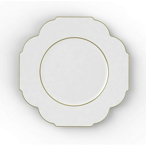 Party Source White w/ Gold Rim Plastic Party Dinner Plate 10.5 inch 10 Set