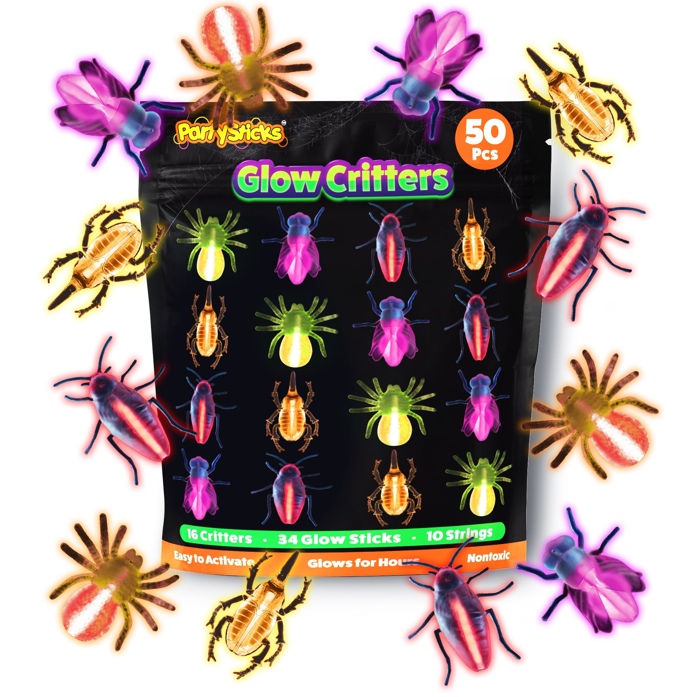 PartySticks Glow Critters 50pk Glow in The Dark Bug Toys and Glow Sticks - 2.5 inch Fake Bugs Party Favors, Glow in The Dark par