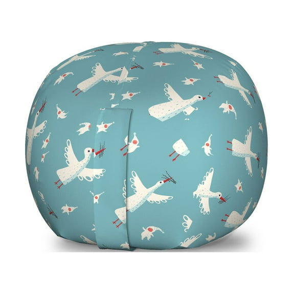 Party Storage Toy Bag Chair, Flying Stork Birds with Twigs and Little Motherhood Composition Warm Colors, Stuffed Animal Organizer Washable Bag, Small Size, Vermilion White Blue, by Ambesonne