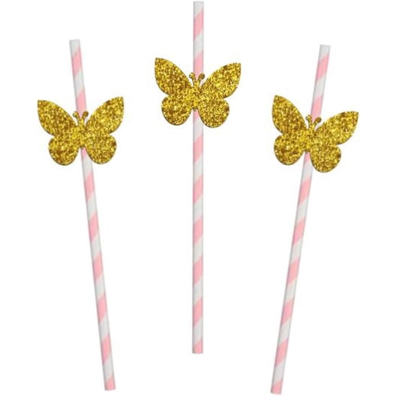 Party Straw Decoration Glitter Gold Butterfly Paper Straw for Birthday Party Wedding Baby Shower Bridal Shower Decoration- 12 Set