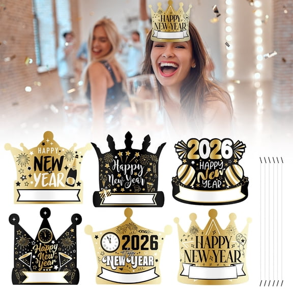 Party Supplies,6PCS 2026 New Year Crowns Black Golden Adjustable Headbands For Adults Kids Celebration