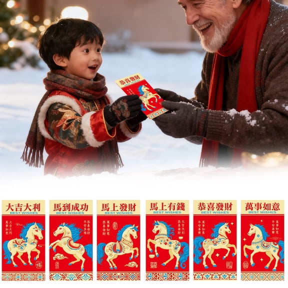 Party Supplies,A Set Of Six Shiny Red Envelopes In The Style Of The Year Of Printed With Festival Greetings And