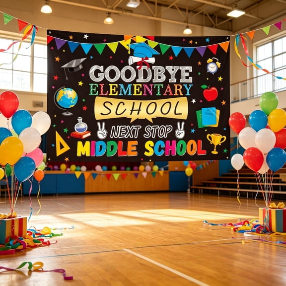 Party Supplies Colorful Graduation Backdrop Banner Goodbye Elementary Next Stop Middle School Photo Booth Background Congrats Grad Party Hanging Decor for Backyard Classroom Grad Celebration