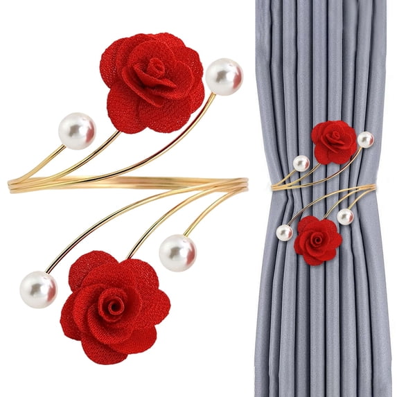 Party Supplies,Curtain Tiebacks Red Rose With Pearls Curtain Holdbacks Decorative Gold Curtain Tiebacks Handmade Flower Curtain Holdbacks No Drill Curtain Holder For Home Decor