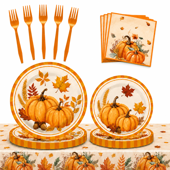 97 Pcs Fall Pumpkin Maple Leaf Tableware Set for 24, Disposable Fall Plates, Napkins, Forks & Tablecloth for Thanksgiving Friendsgiving Party