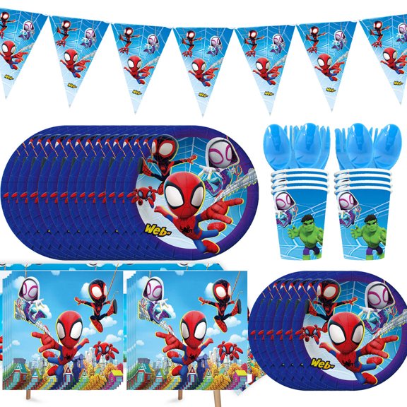 Party Supplies Spider Man Birthday Party Supplies and Decorations Set - Includes Tableware Set and Happy Birthday Banner