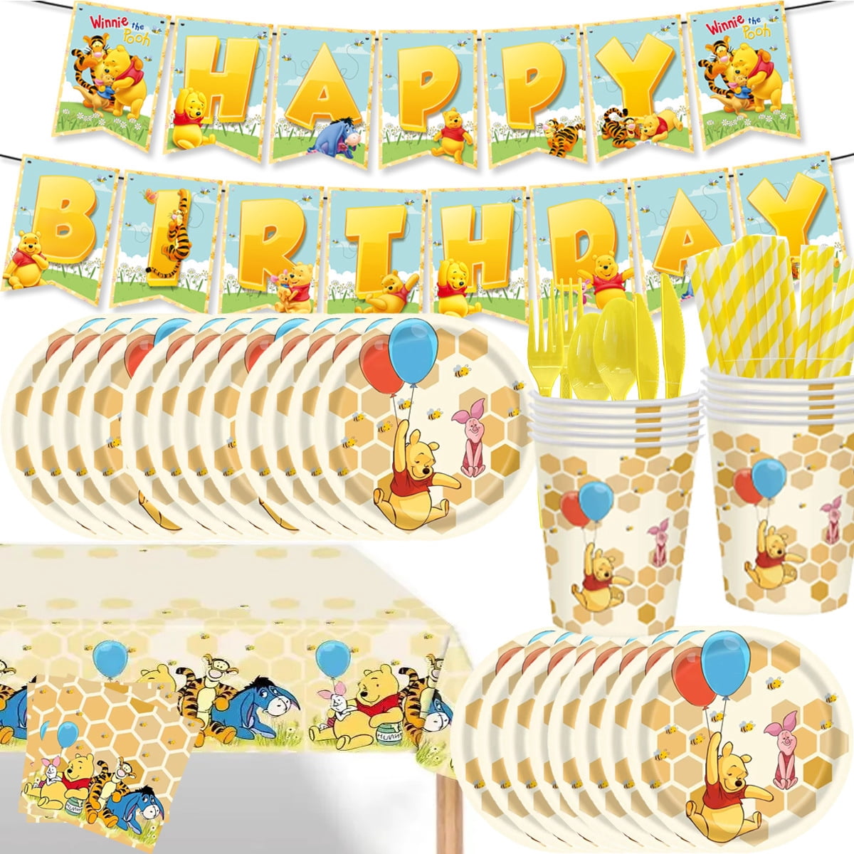 Party Supplies Winnie Pooh Birthday Party Supplies and Decorations Set - Includes Tableware Set and Happy Birthday Banner