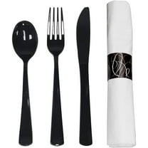 Party Supplies Wrapped Silverware Set Disposable, Pre Rolled Napkin and Cutlery, Spoons/Forks/Knives Black, 50 Units