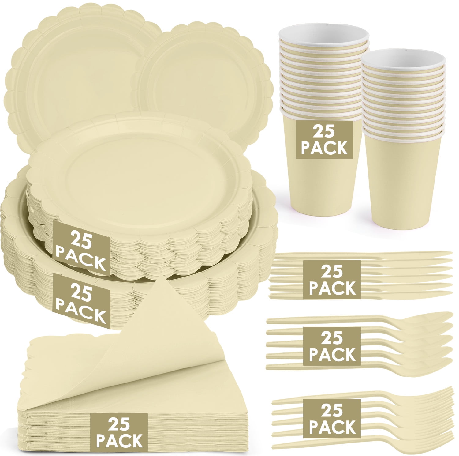 Inadays 175Pcs Disposable Party Supplies Includes Beige Paper Plates Cup Napkins Forks Spoons Knives, Dinnerware Set for Garden Party Birthday BBQ Baby Shower Wedding, Serve 25 Guests