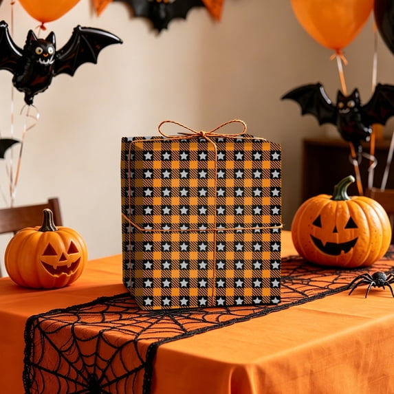 Party Supply Wrapping Paper, Halloween Themed Wrapping Paper, Plaid Print Gift Wrap, Star Design Packaging Paper, Perfect for Halloween Gift Boxes, 28X20 In, Black Orange, 1 Piece