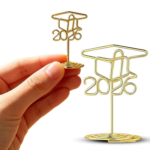 Party Table Decorations, Graduation Party Supplies, Table Number Holders Gold, Class of 2026 Decorations, 20 Count 2X1.5X2 Inch Shiny Gold 2026 Themed Cap Wire Table Clips to Hold