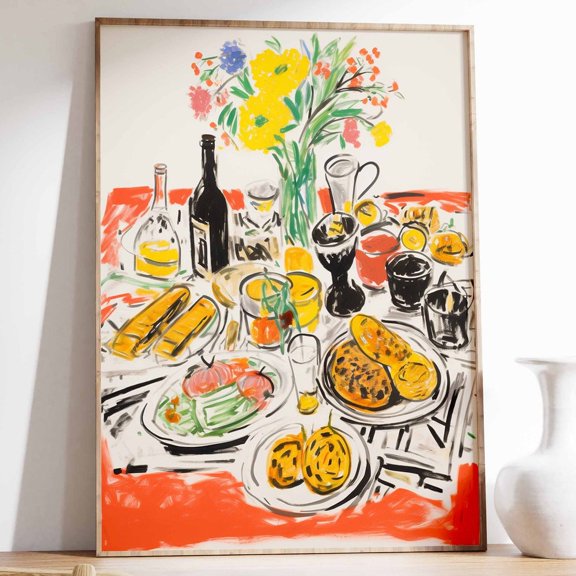 Party Table Food Retro Kitchen Illustration Poster UNFRAMED PAPER POSTER, Home Decor