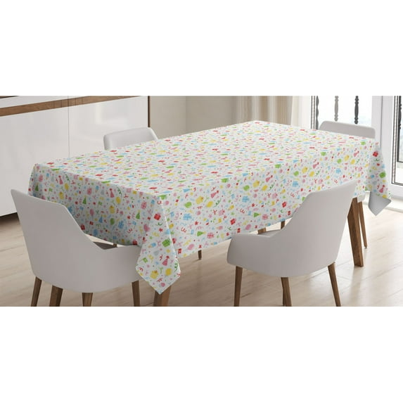 Party Tablecloth, Celebration Time Balloons Gift Boxes Cupcakes Ice Cream Birthday Christmas, Rectangle Satin Table Cover Accent for Dining Room and Kitchen, 52" X 70", Pink and Sky Blue, by Ambesonne