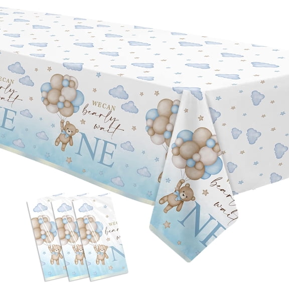 Disposable Party Tablecloth Set, Teddy Bear 1st Birthday Theme, 3 Pack Blue Plastic Table Covers, 55 In X 86 In, We Can Bearly Wait Design For Boys