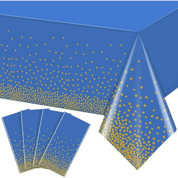 Party Tablecloths, Set of 4, 54 ‘x108’ - Gold Polka Dot Plastic Tablecloths, Blue Tablecloths, Blue and Gold Party Decorations, Paper Tablecloths for BBQs, Parties, Fine Dining, Weddings