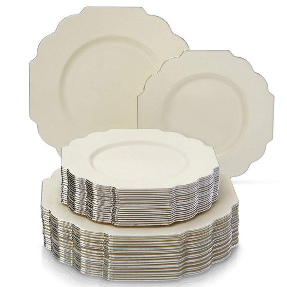 Party Tableware 40 Piece DInnerware Set 20 Dinner Plates and 20 Salad/Dessert Plates for Upscale Wedding and Dining (Baroque - Ivory)