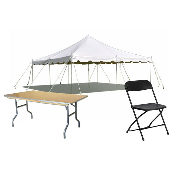 Party Tents Direct Outdoor Party Pack, 20' x 20' White Pole Tent, 40 Chairs, 6 Tables