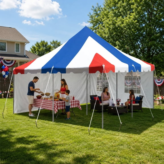 Party Tents Direct Weekender Outdoor Canopy Pole Tent w/Sidewalls, Red White and Blue, 15 ft x 15 ft