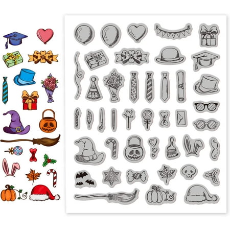 Party Themed Cling Rubber Stamps Hat Tie Flower Gift Box Script Stamps