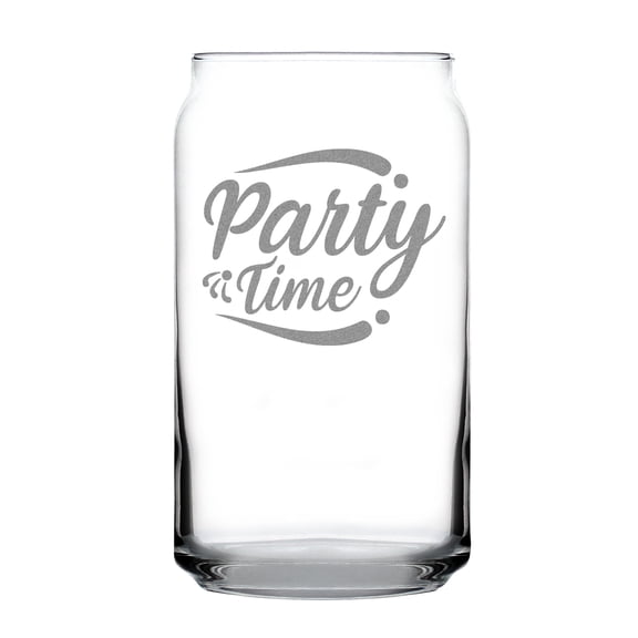 Party Time 16oz Can-Shaped Pint Glass, Hand Engraved Etched Design, Unique Celebration Glassware, Fun Gift