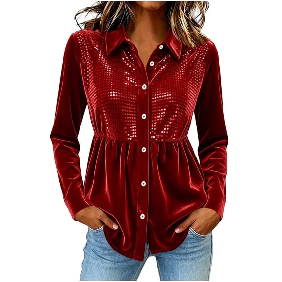 Party Tops for Women Sequins Velvet Patchwork Button Down Collar Dressy Blouses Long Sleeve Elegant Shirts (S, Wine)