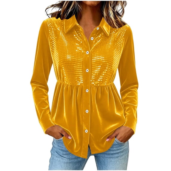 Party Tops for Women Sequins Velvet Patchwork Button Down Collar Dressy Blouses Long Sleeve Elegant Shirts (XL, Yellow)