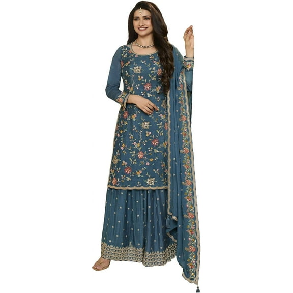 Party Wear Indian Designer Shalwar Kameez Suits Pakistani Swen Plazo Dress ( Teal Blue, M - 40 )