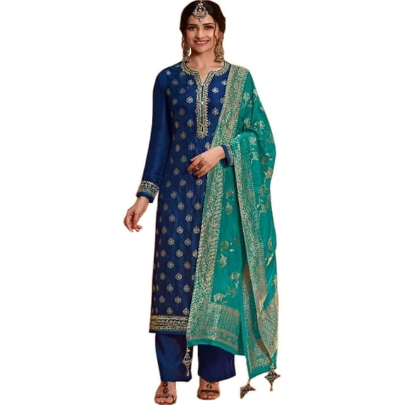 Party Wear Indian Pakistani Designer Salwar Kameez Plazzo Pant Suits ( Blue, L - 42 )