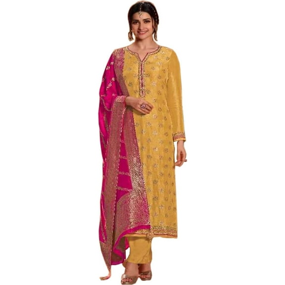 Party Wear Indian Pakistani Designer Salwar Kameez Plazzo Pant Suits ( Yellow, XXS - 34 )