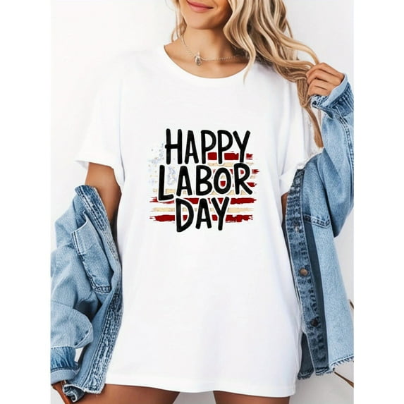 Party Wear Tee, -Black Tee with Happy Labor Day Text & American Flag Print - Soft Breathable All-Season Casual Everyday, Size(S-5XL)