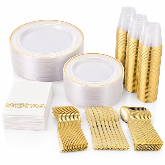 Party Wedding Use Clear Gold Plastic Plates, Gold Disposable Dinnerware Set: 100 Plates, 50 Silverware, 50 Cups, 50 Napkins Elegant, Sturdy, Shatterproof