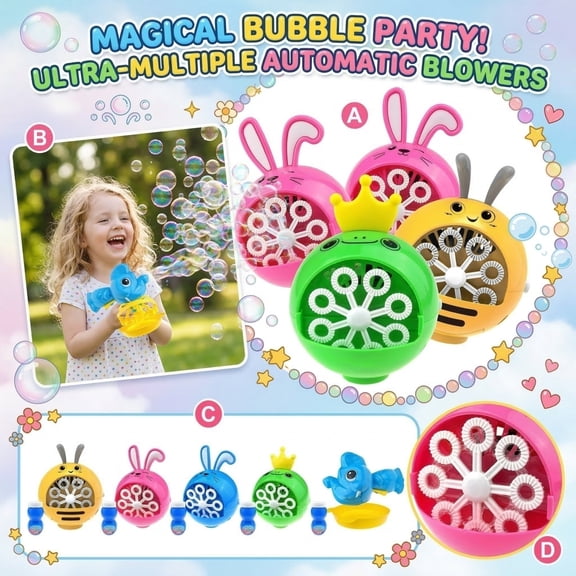Party bubble toys, cartoon bubble machine, new multi-hole fully automatic bubble blower, self-provided battery, with 35ml bubble water.