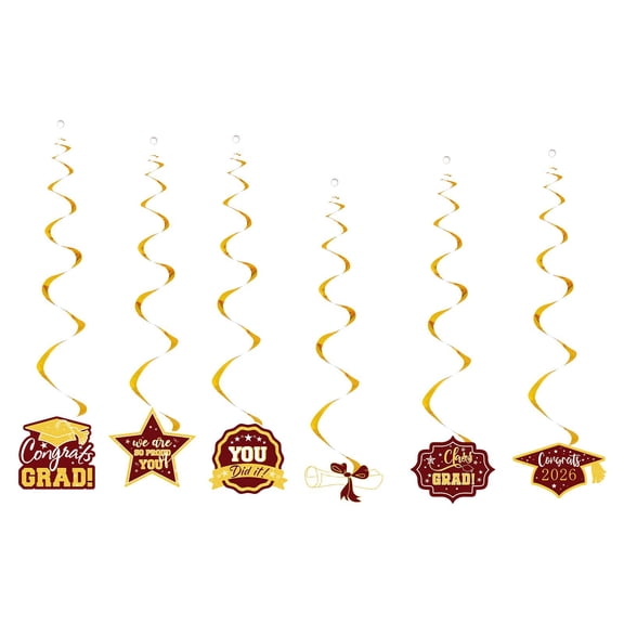 Party decorations, 6-Count Maroon and Gold Hanging Swirls with Graduation Cap, Star, Diploma designs, Ceiling decorations Hanging for Graduation Party, Gold decorations for Party,