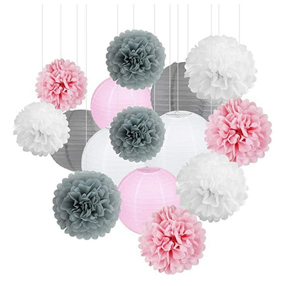 Party decorations, hanging paper lanterns and pompom woodland graduation birthday party decorations