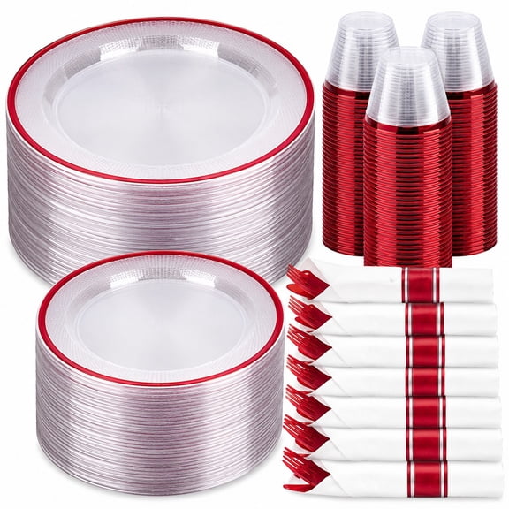 Party disposable plates set: clear red plastic, 350 pcs for 50 guestsincludes 100 plates, 50 cups, 50 pre-rolled napkins with cutlery; ideal for Christmas, Thanksgiving, birthday, Halloween