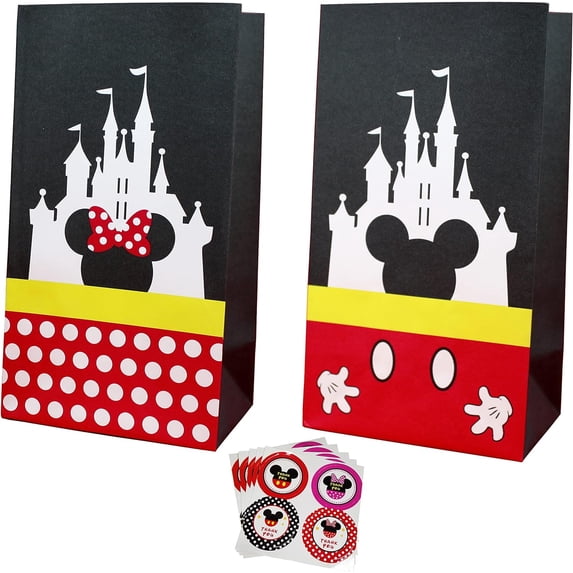 Party favor Gift Bags Candy Treat Bags Birthday Baby Shower Wedding Mickey Minnie Theme Decorations Supplies with Stickers Set of 24