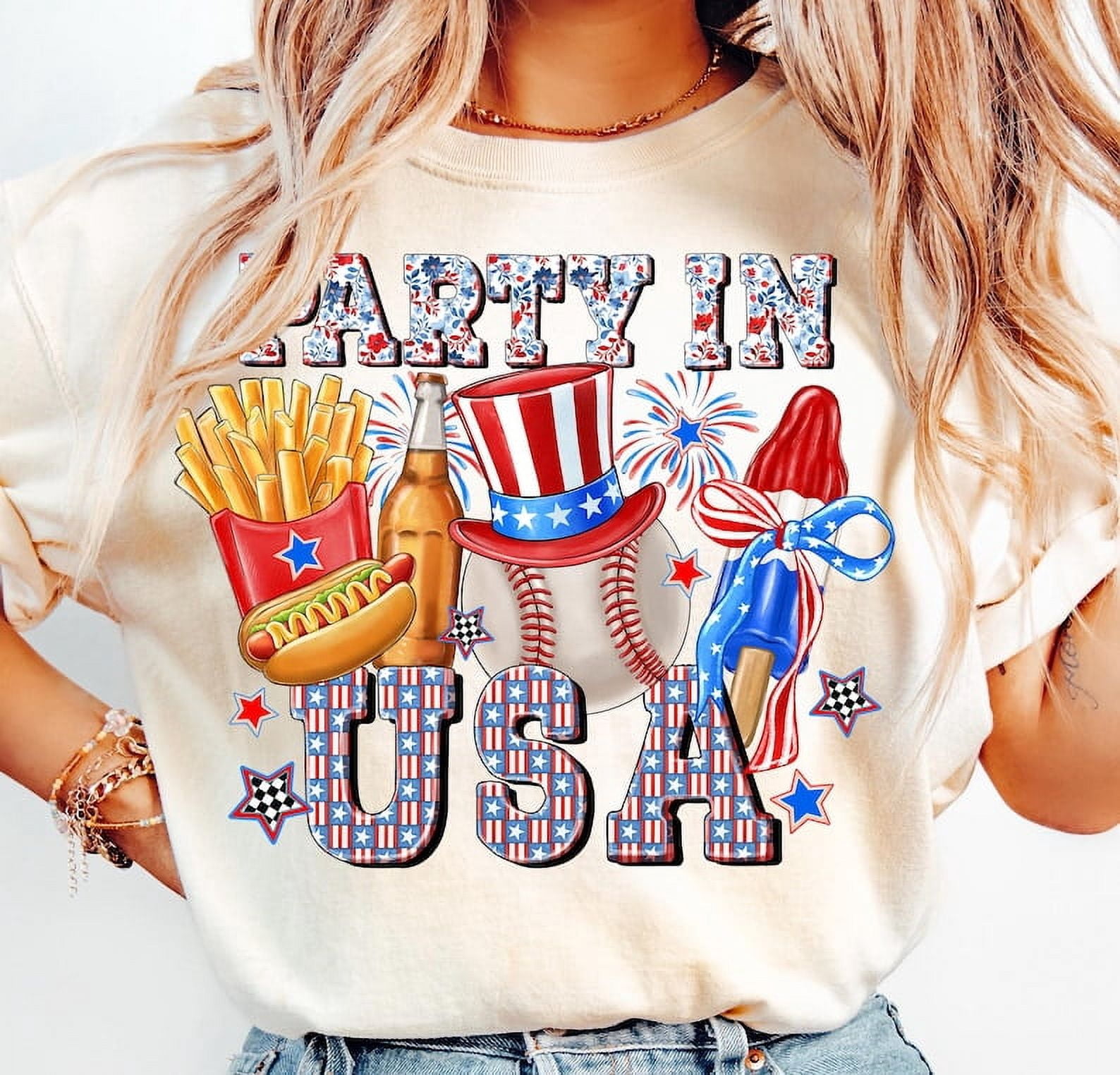 Party in the USA T-Shirt– Fun Summer Tee with Baseball and Fireworks Theme, 4th of July Patriotic Vibes