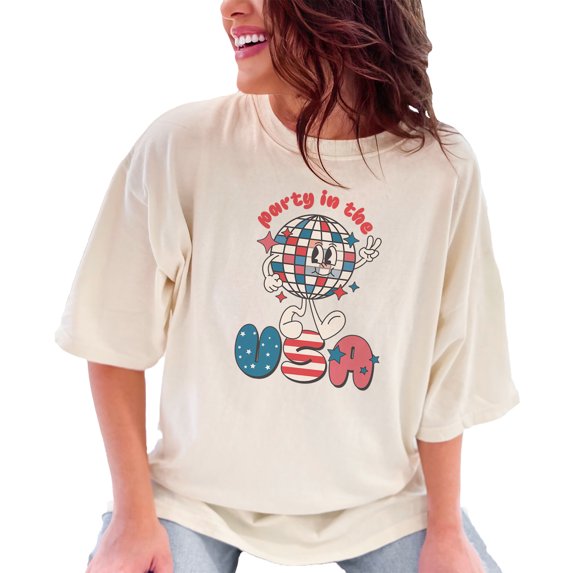Party in the USA with Disco Ball, Retro 4th of July or America Art Themed, Ivory Comfort Colors T-Shirt, 3XL