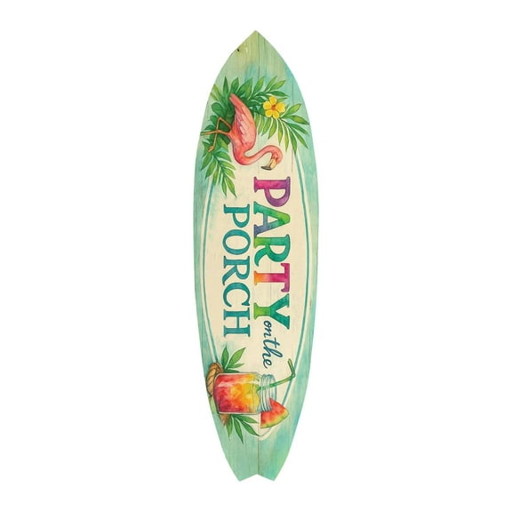 Party on the Porch Surfboard Wall Art – Indoor Outdoor PVC Porch Decor, Tropical Patio Sign, Flamingo Summer Decor (2 Foot)