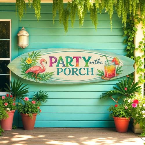 Party on the Porch Surfboard Wall Art – Indoor Outdoor PVC Porch Decor, Tropical Patio Sign, Flamingo Summer Decor, 4 Foot