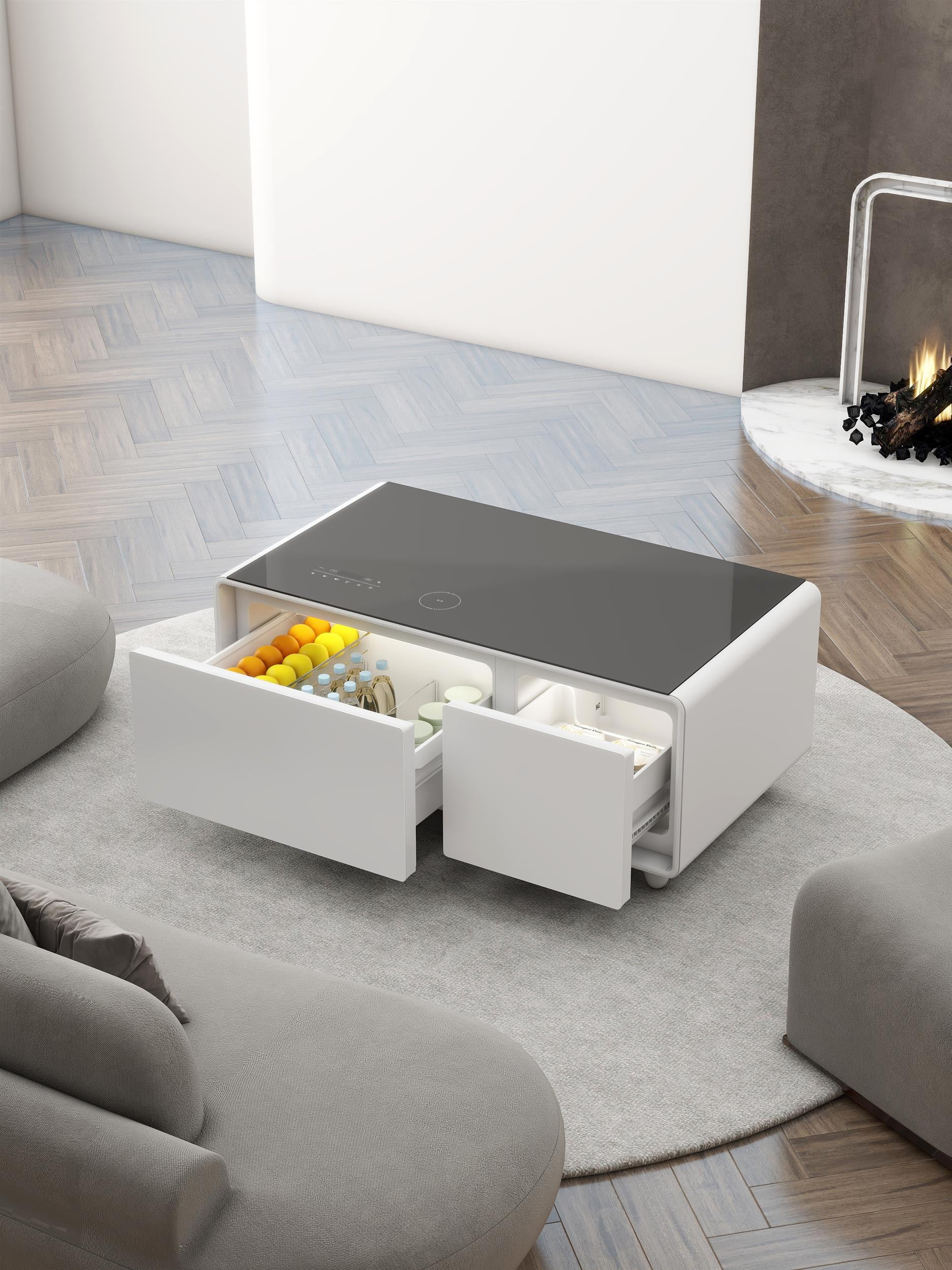 Modern White Metal Coffee Table with Refrigerated Storage and LED Display