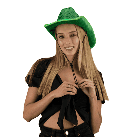 Light Up Flashing Sparkly Glitter EL Wire LED Sequin Cowboy Hats (Green) for Party Disco by PartyGlowz