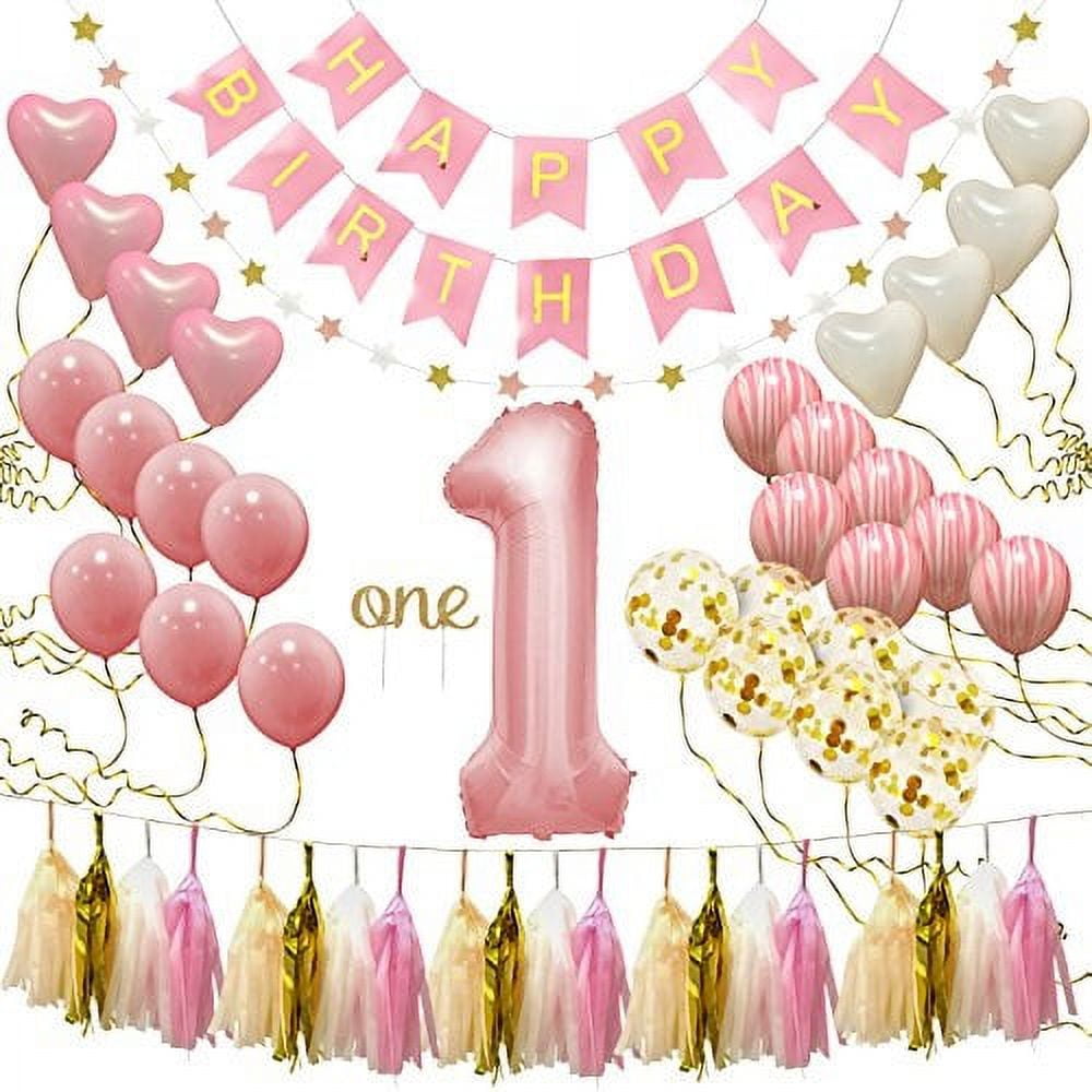 1st Birthday Girl Decorations and Pink&Gold Balloon garland kit for ONE  Highchair Banner Decorations,Pink Crown,Happy Birthday Banner,12 Months  Photo