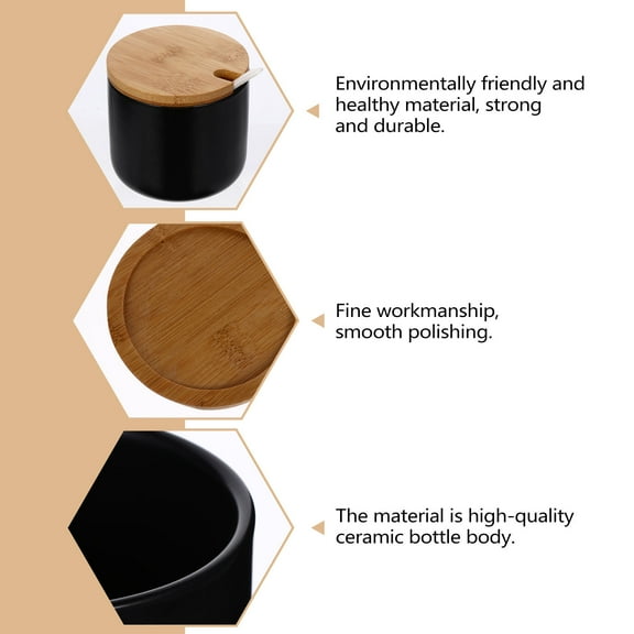 PartyKindom Ceramic Condiment Container Black Wood Lid for Home Kitchen Storage