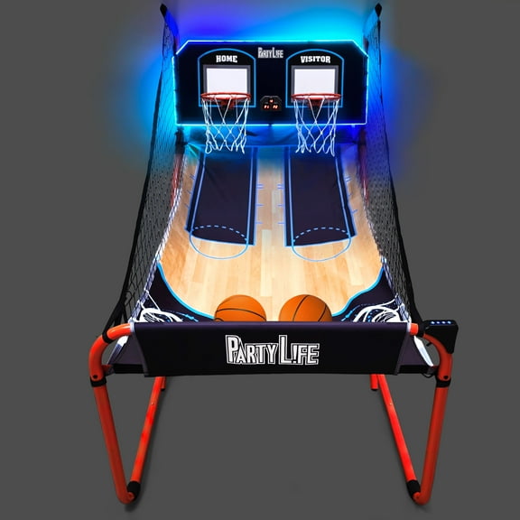 PartyLife 2-Player Basketball Arcade Game w/ LED Lights | Electronic Scoring | 5 Balls, 1 Pump, 8 Game Modes | Folding Design | Heavy-Duty Steel Frame